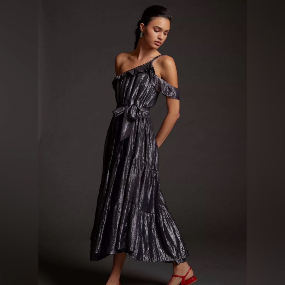 Maeve Metallic Silver Black One Shoulder Tiered Midi Dress Size L Anthropologie